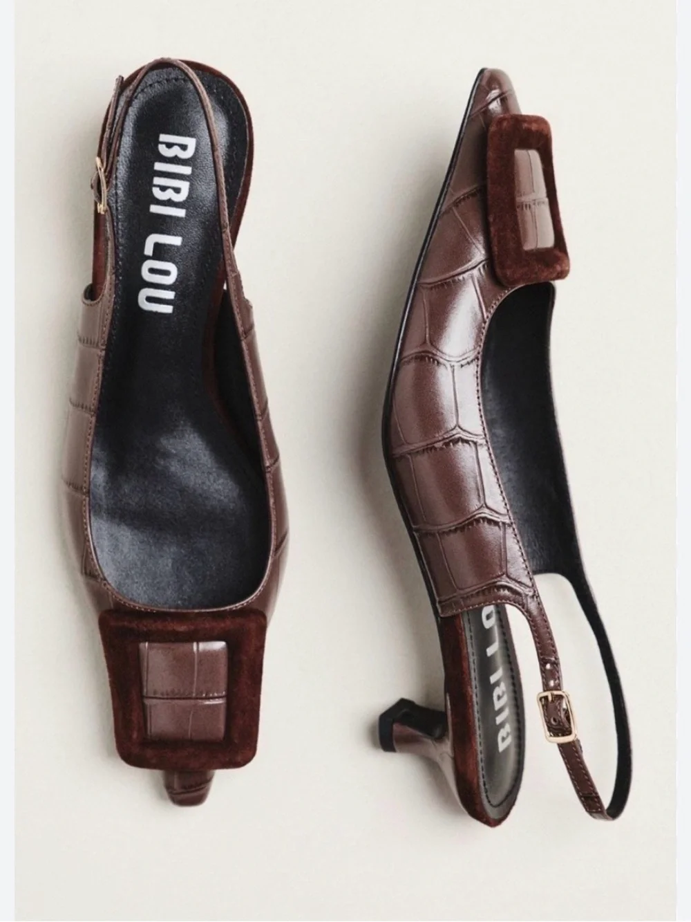 Anthropologie Bibi Lou Robin 2 Croc Embossed Slingback Kitten Heel Pumps Sz 8M